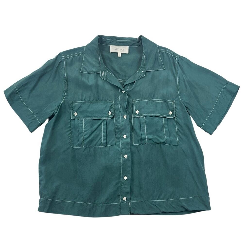 THE GREAT Silk Utility Shirt Teal Green Contrast Stitch Pocket Cropped 2 Medium